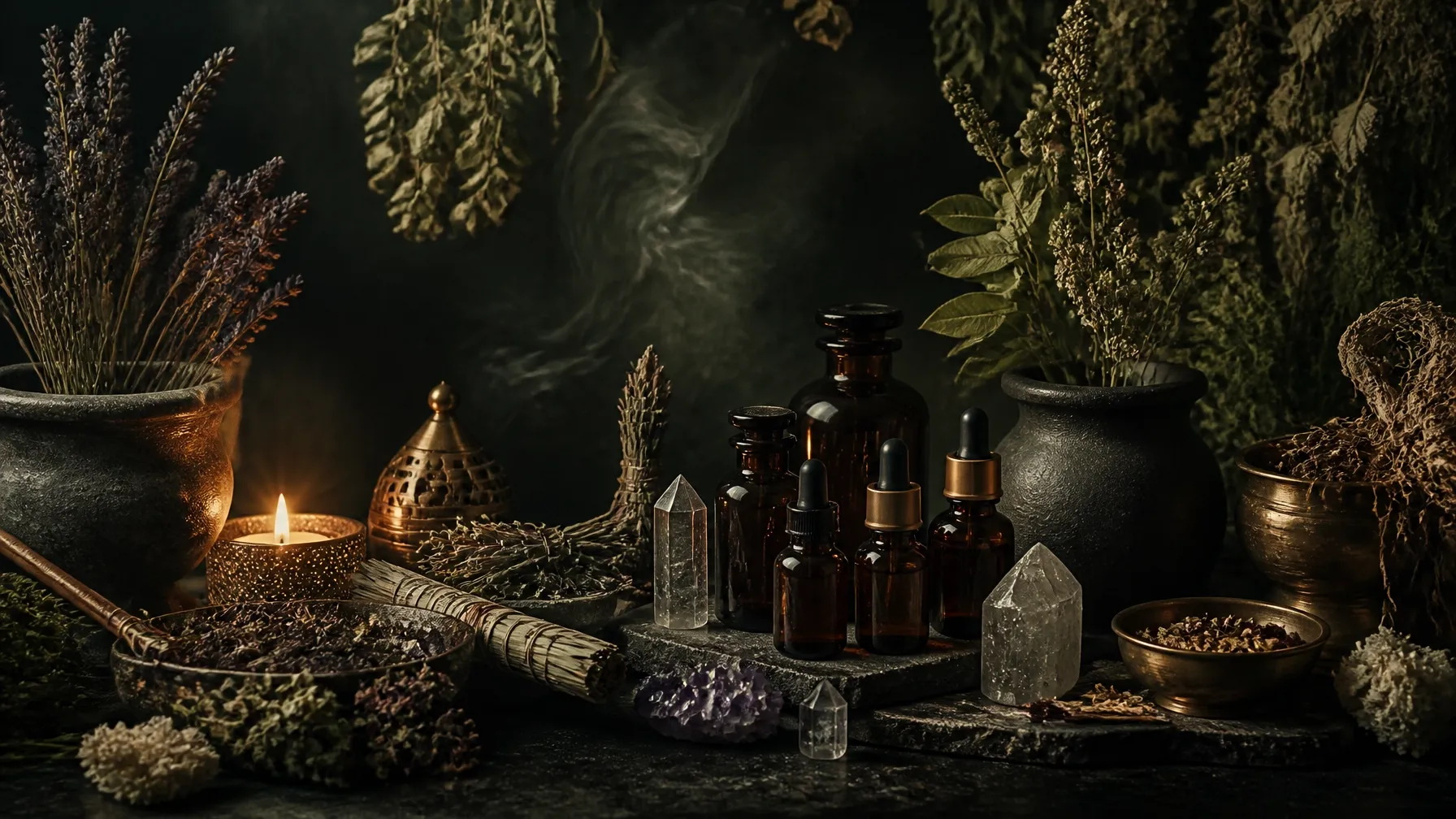 Botanical apothecary still life with dried herbs, roots, and amber elixir bottles