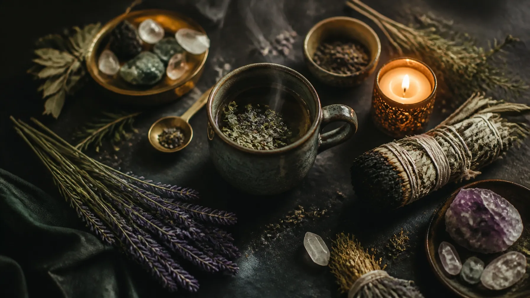Ritual wellness objects — herbal tea, dried lavender, and crystals in candlelight