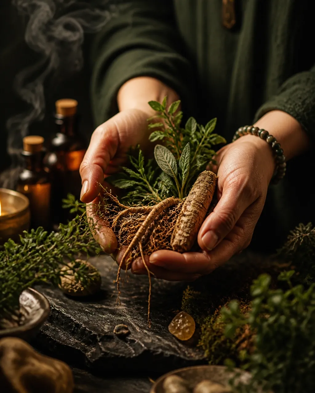 Hands cradling fresh botanical roots and green herbs in warm light